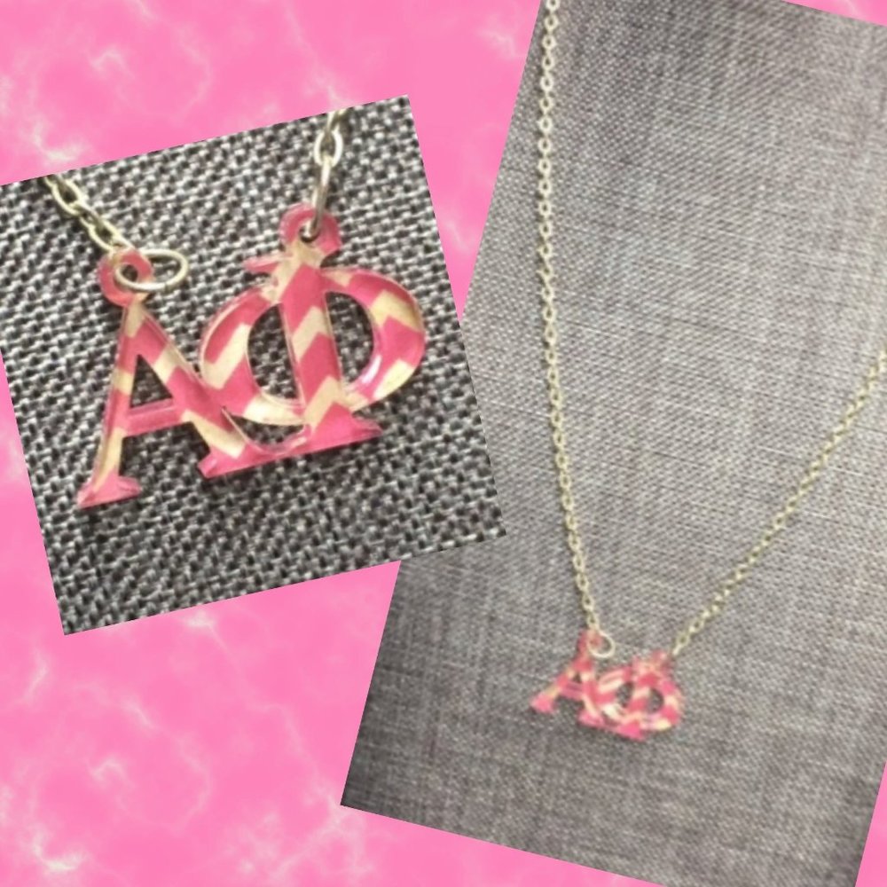 Alpha Phi Sorority Necklace Pink Striped Acrylic Silver Chain Greek Barbie